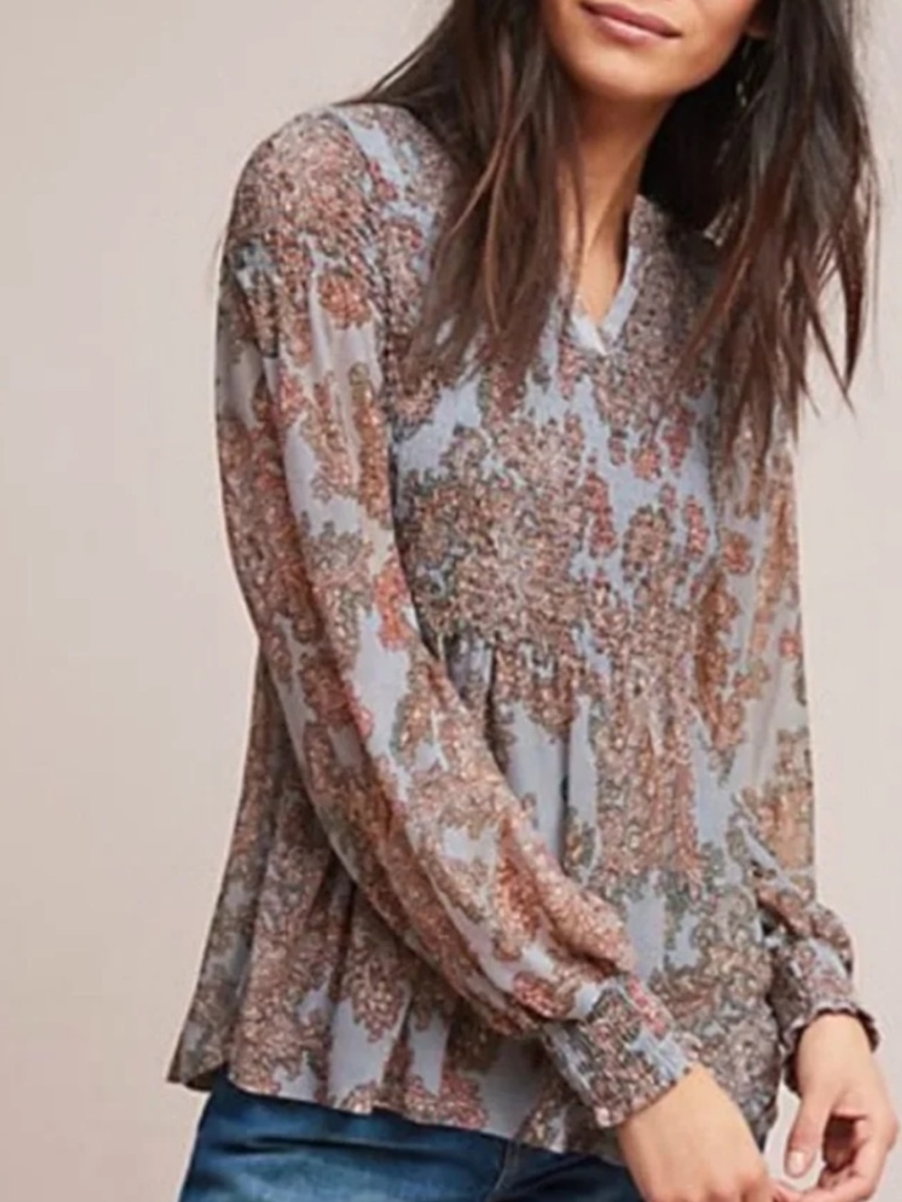 Anthropologie Akemi + Kin Adria Smocked Paisley Blouse Ruffle Longsleeve Sz M